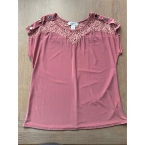 Emma & Olive Mauve Pink Lace Yoke Cap Sleeve Button Detail Top XL 13906